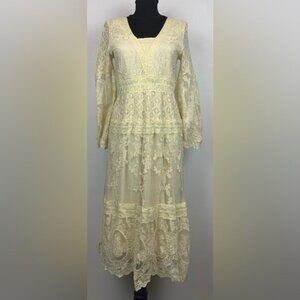 REBA Cream All-Over-Lace Dress Bell Sleeve Boho Western Wedding Midi Size Small